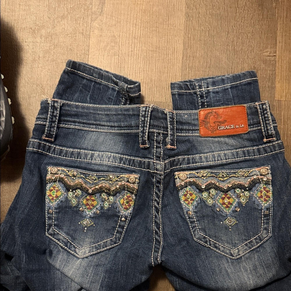 Grace in LA Women's Dark Blue Embroidered Boot Cut Jeans